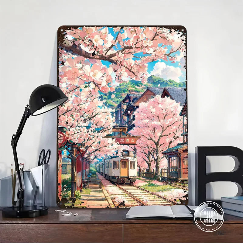 Sakura Station Metal Poster House Decor Customizable Metal Tin Signs for Wall Art Decoration Luxury Home Decor Items Retro Room