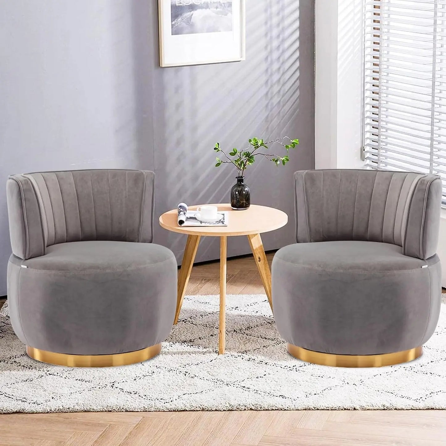 Swivel Barrel Chairs for Living Room Set of 2, 360 Degree Comfy Modern Round Chair Velvet Gold Accent Upholstered Armchair Arm