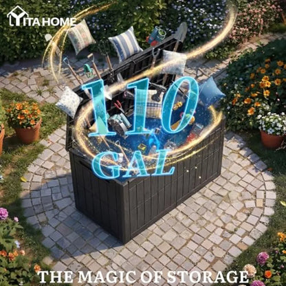 110 Gallon Outdoor Deck Box Waterproof Resin Storage Box with Lock Lockable Patio Furniture Bin 2-Person Bench Seating for Outd