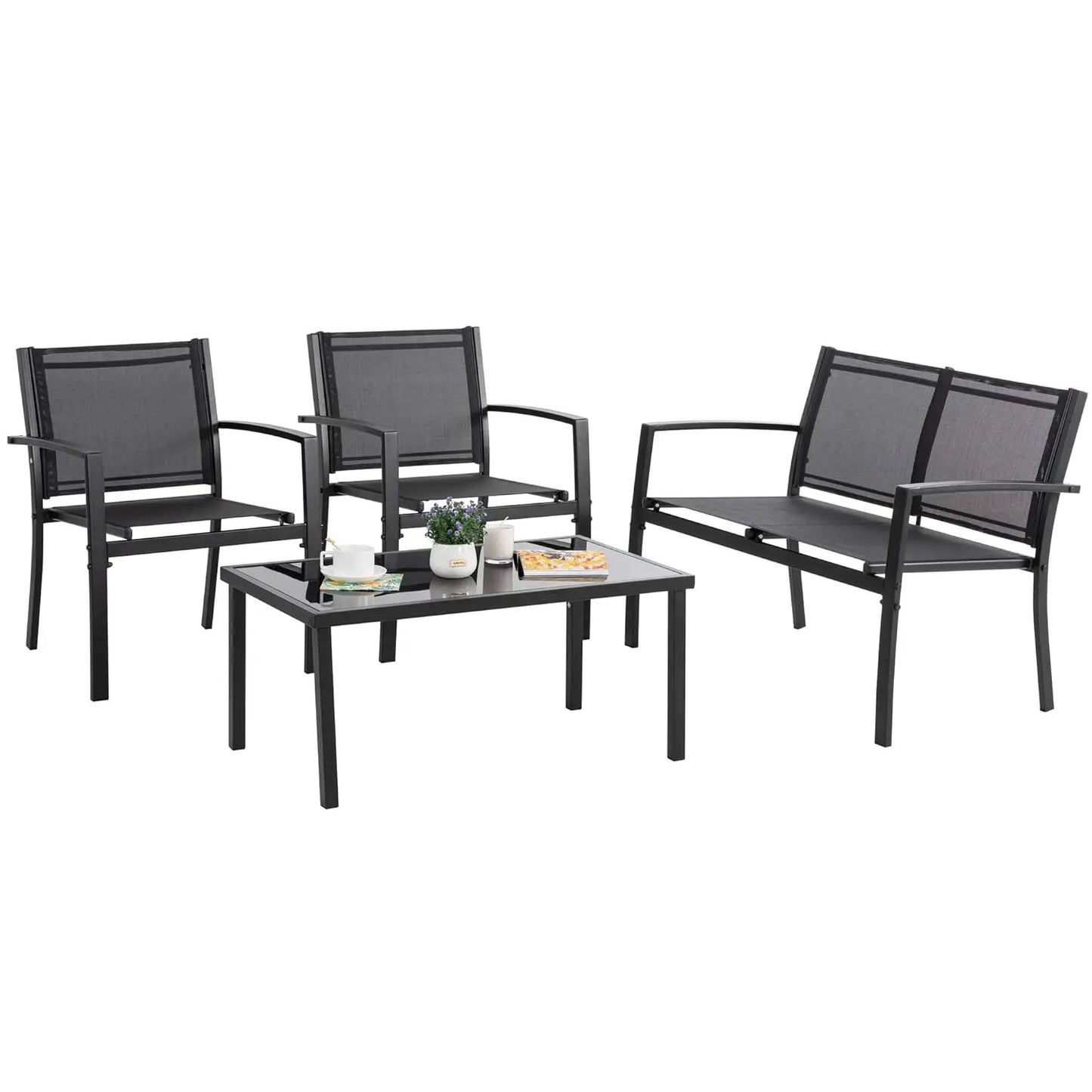 4pcs Patio Conversation Set w/ Glass Table & Cushions for Garden Balcony, Steel Frame, Customized