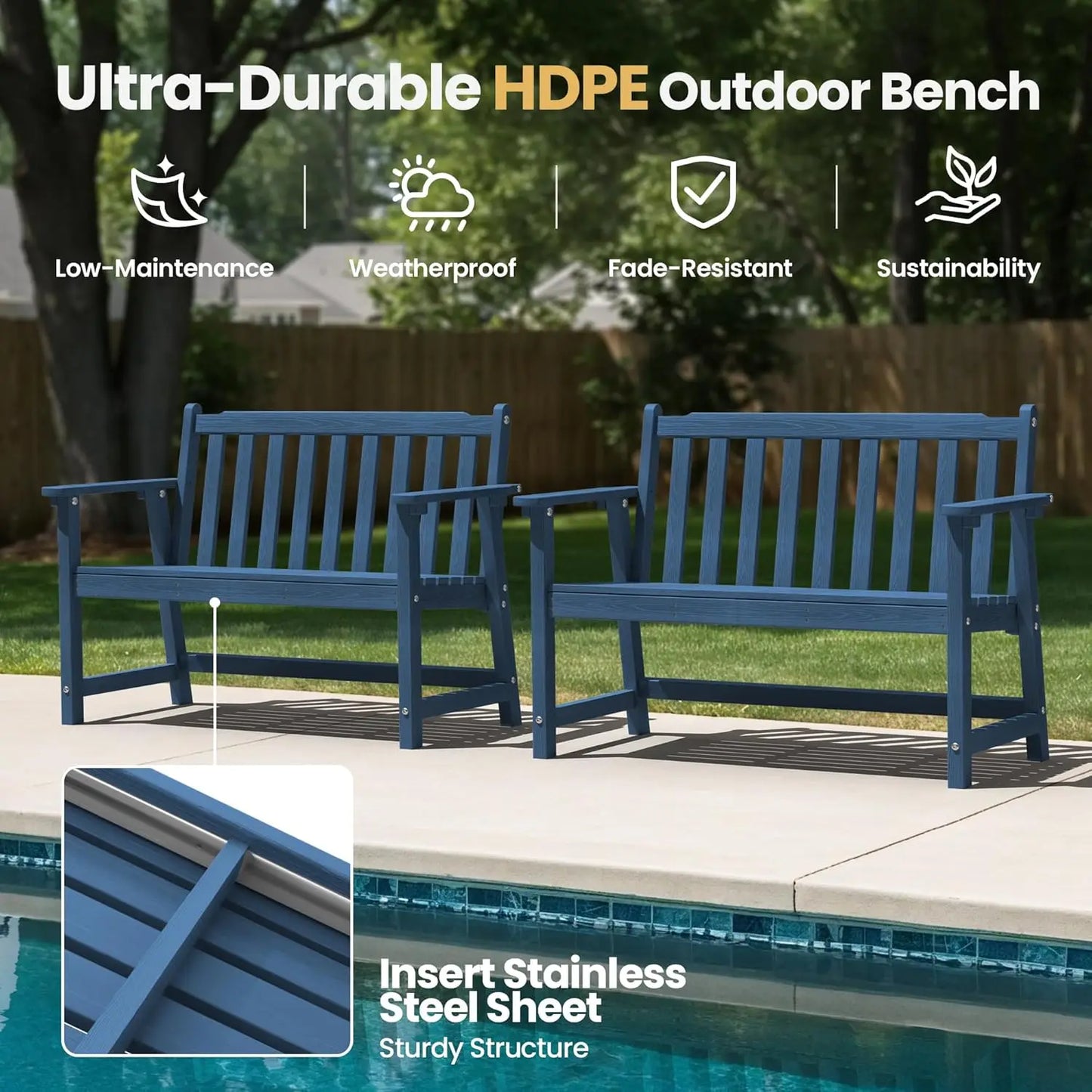 48in HDPE Weatherproof Outdoor Bench 2-Person 550lb Porch Garden Patio Balcony Deck, Customized