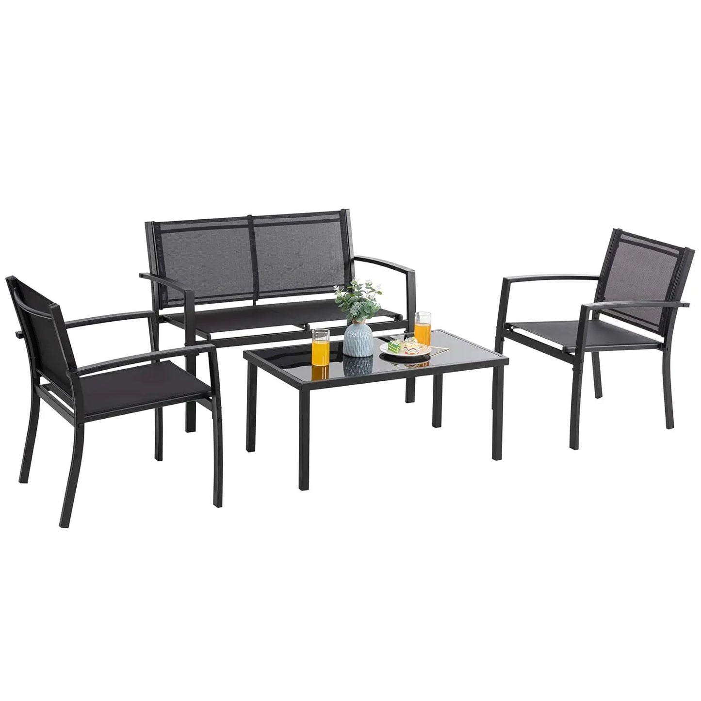4pcs Patio Conversation Set w/ Glass Table & Cushions for Garden Balcony, Steel Frame, Customized