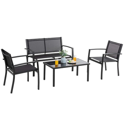 4pcs Patio Conversation Set w/ Glass Table & Cushions for Garden Balcony, Steel Frame, Customized