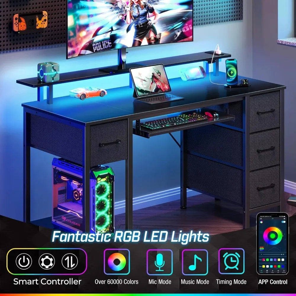 Computer Desk 47.2" with LED Lights & Power Outlets, Home Office Desk with 4 Drawers, Writing Desk with Keyboard Tray, Study Ta