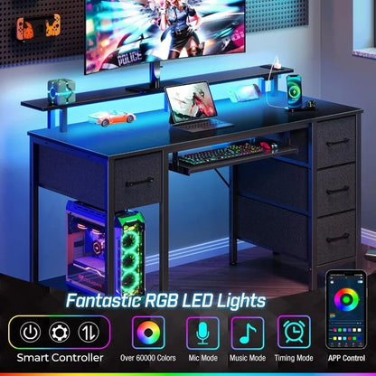 Computer Desk 47.2" with LED Lights & Power Outlets, Home Office Desk with 4 Drawers, Writing Desk with Keyboard Tray, Study Ta