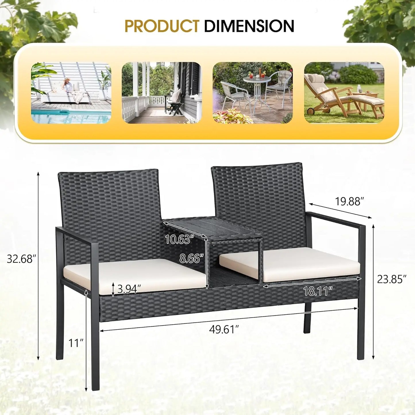 Loveseat Patio Furniture with Built-in Table & Cushions Wicker Conversation Set for Lawn Backyard Balcony, Customized