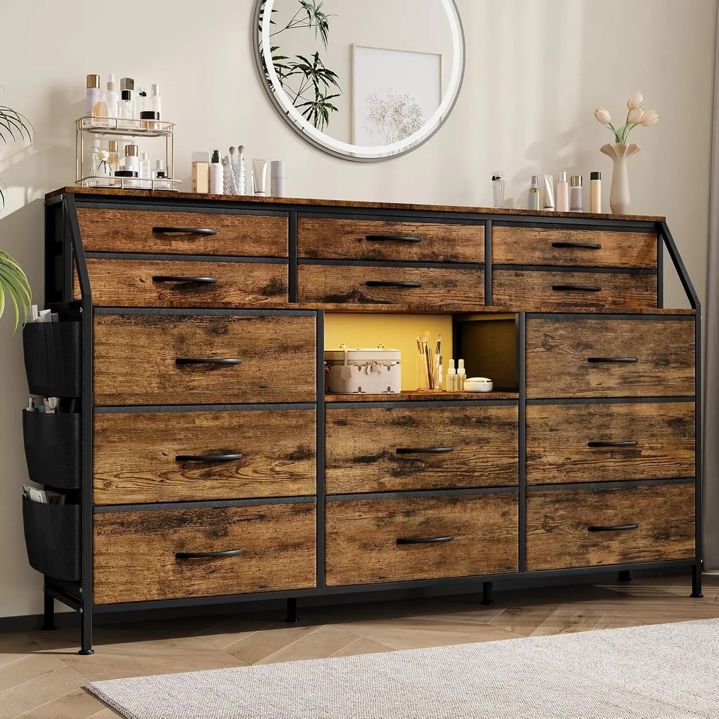 14 Drawer Dresser Storage Tower with Fabric Drawers, Wide Organizer Unit for Bedroom, Living Room, TV Stand for TVs Up to 65"