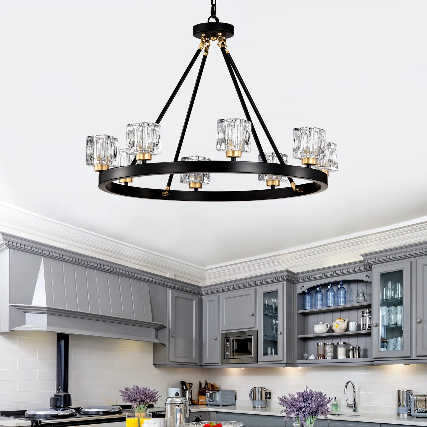 Matte Black + Gold Wagon Wheel Chandelier Farmhouse Modern Small Crystal Round Chandelier for Living Room Kitchen Island Foyer H