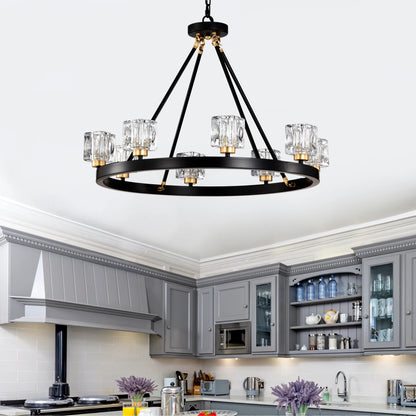 Matte Black + Gold Wagon Wheel Chandelier Farmhouse Modern Small Crystal Round Chandelier for Living Room Kitchen Island Foyer H