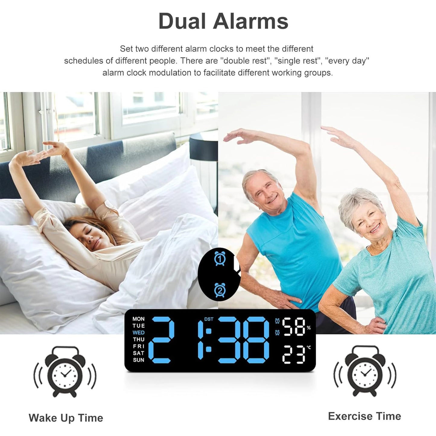TIMESS 9" Digital Wall Clock with Temperature, Humidity, Weekday Display, LED, Desk or Wall Use