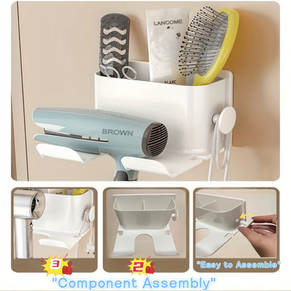 Wall Mount Hair Dryer Holder with Comb Slot, Heavy Duty ABS Bathroom Organizer Rack for Blow Dryer, Razor, Curling Iron, Space S