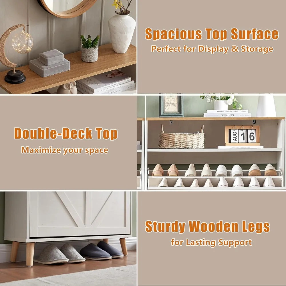 Freestanding Farmhouse Style Shoe Storage Cabinet with Flip Drawers and Door