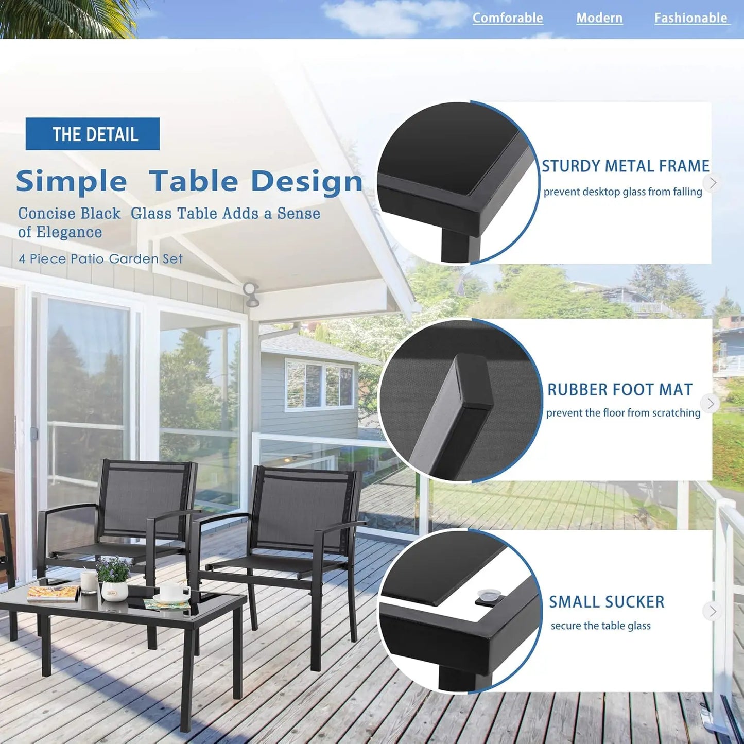 4pcs Patio Conversation Set w/ Glass Table & Cushions for Garden Balcony, Steel Frame, Customized