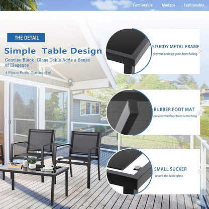 4pcs Patio Conversation Set w/ Glass Table & Cushions for Garden Balcony, Steel Frame, Customized