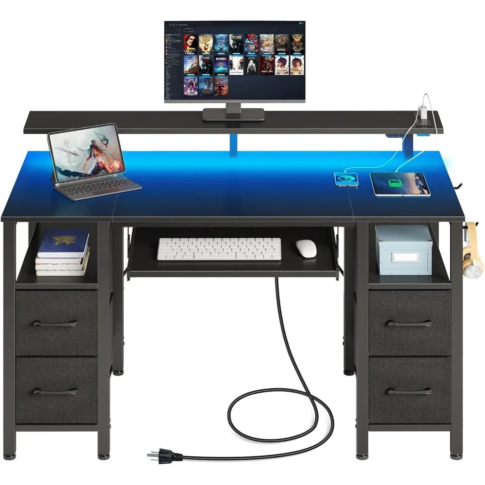 Computer Desk 47.2" with LED Lights & Power Outlets, Home Office Desk with 4 Drawers, Writing Desk with Keyboard Tray, Study Ta