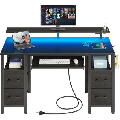 Computer Desk 47.2" with LED Lights & Power Outlets, Home Office Desk with 4 Drawers, Writing Desk with Keyboard Tray, Study Ta