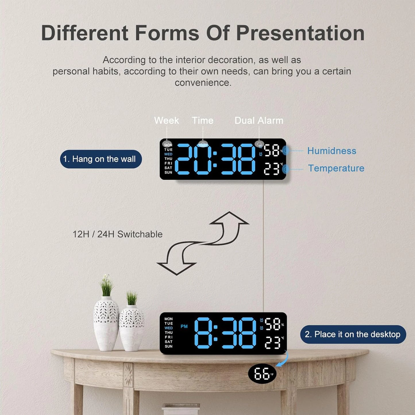 TIMESS 9" Digital Wall Clock with Temperature, Humidity, Weekday Display, LED, Desk or Wall Use