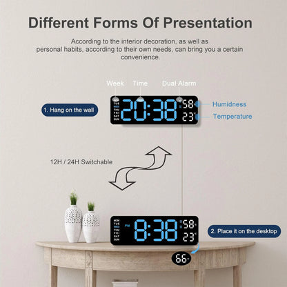 TIMESS 9" Digital Wall Clock with Temperature, Humidity, Weekday Display, LED, Desk or Wall Use