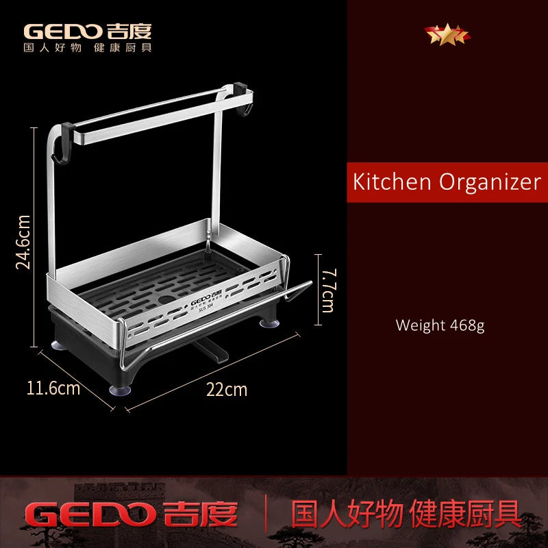 LFGB Certification 304 Stainless Steel Kitchen Organizer Durable Kitchenware Storage Rack with Suction Cup Base Diversion Tube