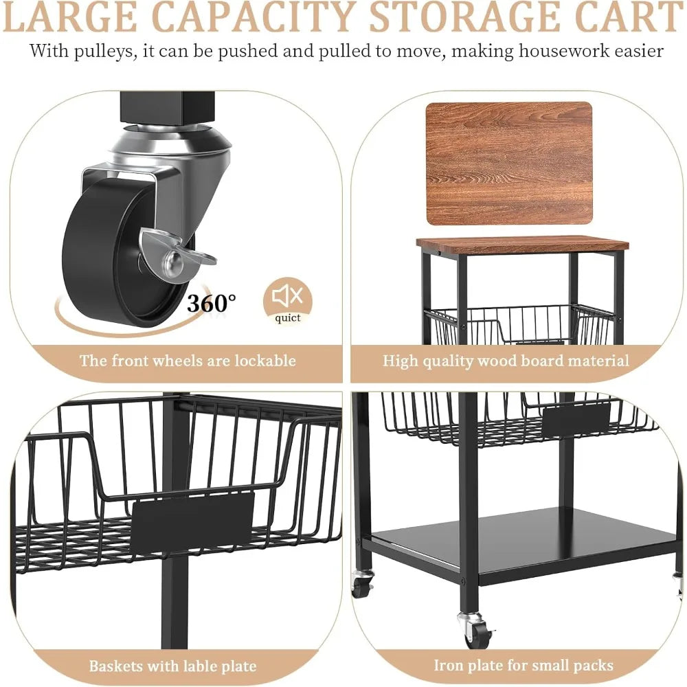 Kitchen Storage Cart, Kitchen Basket, 5-Tier Utility Organizer with Baskets and Wood Top, Rolling Snack Cart with Wheels, Metal