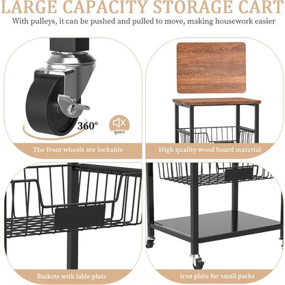 Kitchen Storage Cart, Kitchen Basket, 5-Tier Utility Organizer with Baskets and Wood Top, Rolling Snack Cart with Wheels, Metal