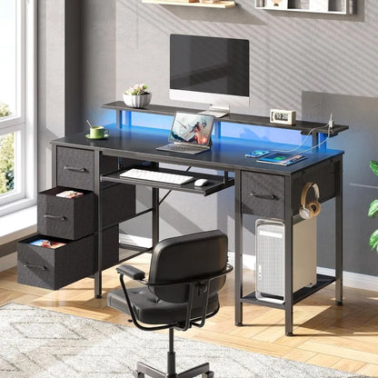 Computer Desk 47.2" with LED Lights & Power Outlets, Home Office Desk with 4 Drawers, Writing Desk with Keyboard Tray, Study Ta