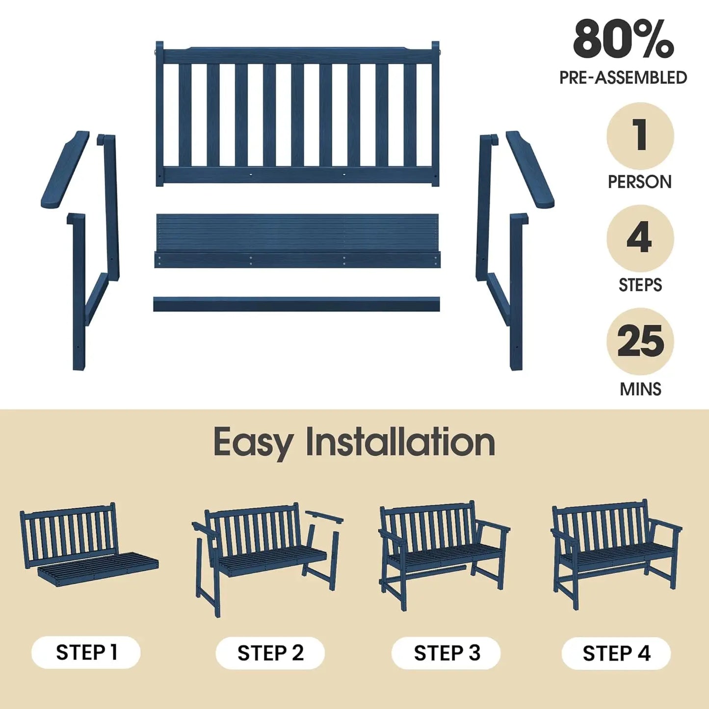48in HDPE Weatherproof Outdoor Bench 2-Person 550lb Porch Garden Patio Balcony Deck, Customized