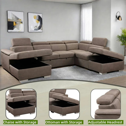 thsuper 127'' microfiber oversized u shaped sectional sleeper sofa couch with pullout bed, 7 seat couches with adjustable headre