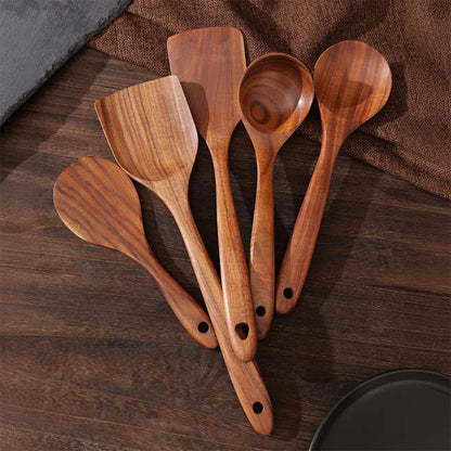 Natural Wood Kitchen Tool Set, 5 Pieces - Includes Spoon, Spatula & Slotted Spoon for Festive Family Meals & Baking