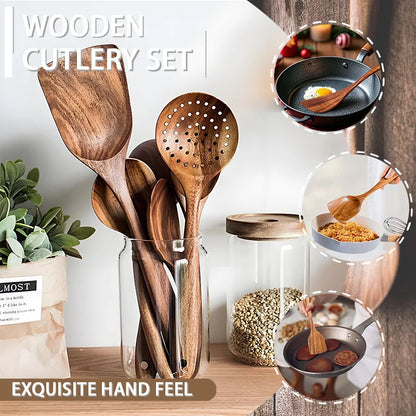 Natural Wood Kitchen Tool Set, 5 Pieces - Includes Spoon, Spatula & Slotted Spoon for Festive Family Meals & Baking