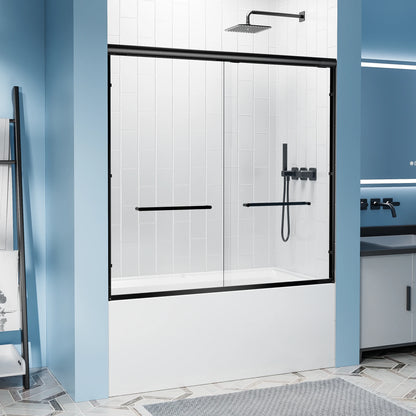 56-60"x57" H Tub Shower Door, Aluminum Frame Double Sliding Shower Door, 1/4"(6mm) Tempered Glass Bathroom Glass Sliding Door