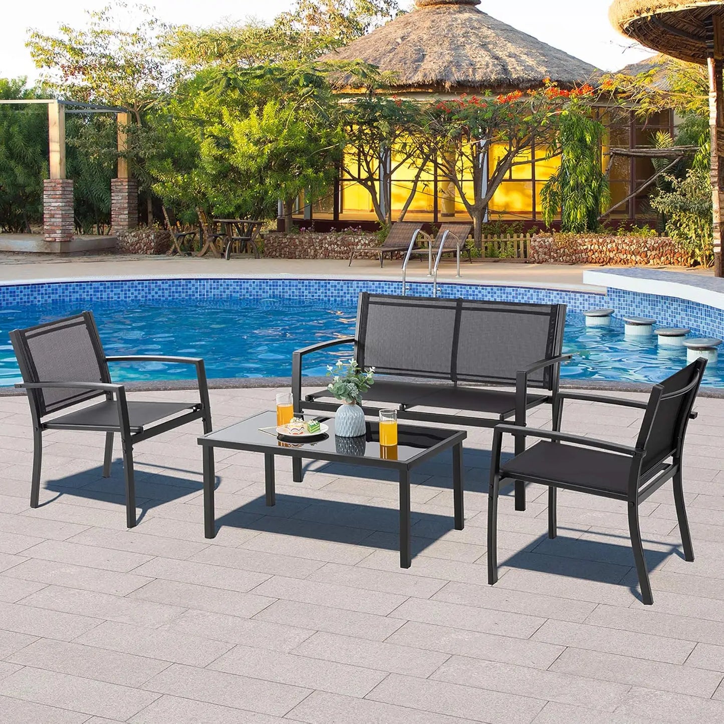 4pcs Patio Conversation Set w/ Glass Table & Cushions for Garden Balcony, Steel Frame, Customized