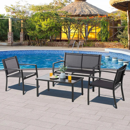4pcs Patio Conversation Set w/ Glass Table & Cushions for Garden Balcony, Steel Frame, Customized