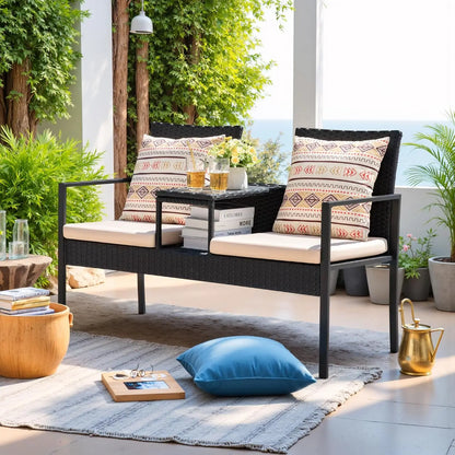 Loveseat Patio Furniture with Built-in Table & Cushions Wicker Conversation Set for Lawn Backyard Balcony, Customized