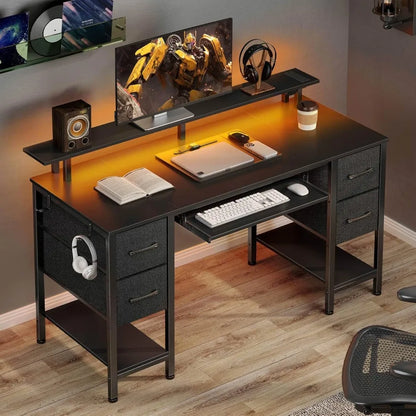Computer Desk 47.2" with LED Lights & Power Outlets, Home Office Desk with 4 Drawers, Writing Desk with Keyboard Tray, Study Ta