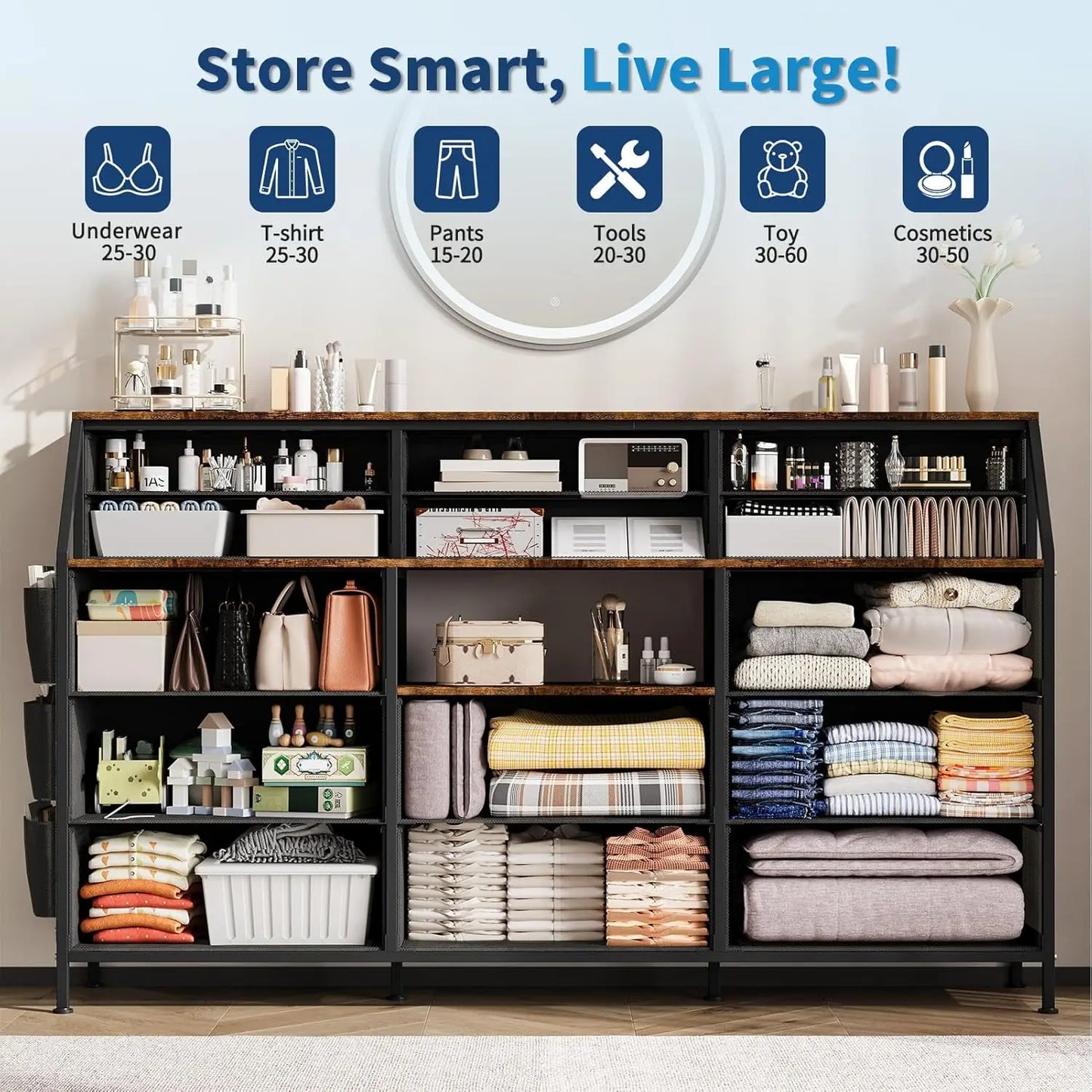 14 Drawer Dresser Storage Tower with Fabric Drawers, Wide Organizer Unit for Bedroom, Living Room, TV Stand for TVs Up to 65"