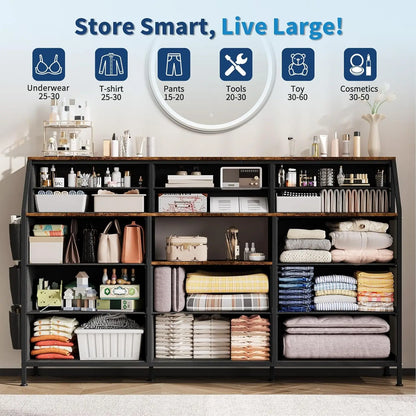 14 Drawer Dresser Storage Tower with Fabric Drawers, Wide Organizer Unit for Bedroom, Living Room, TV Stand for TVs Up to 65"