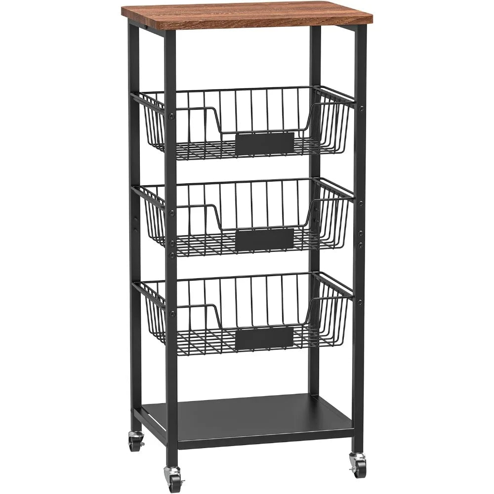 Kitchen Storage Cart, Kitchen Basket, 5-Tier Utility Organizer with Baskets and Wood Top, Rolling Snack Cart with Wheels, Metal