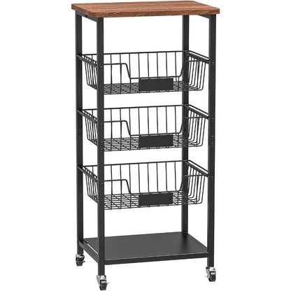 Kitchen Storage Cart, Kitchen Basket, 5-Tier Utility Organizer with Baskets and Wood Top, Rolling Snack Cart with Wheels, Metal