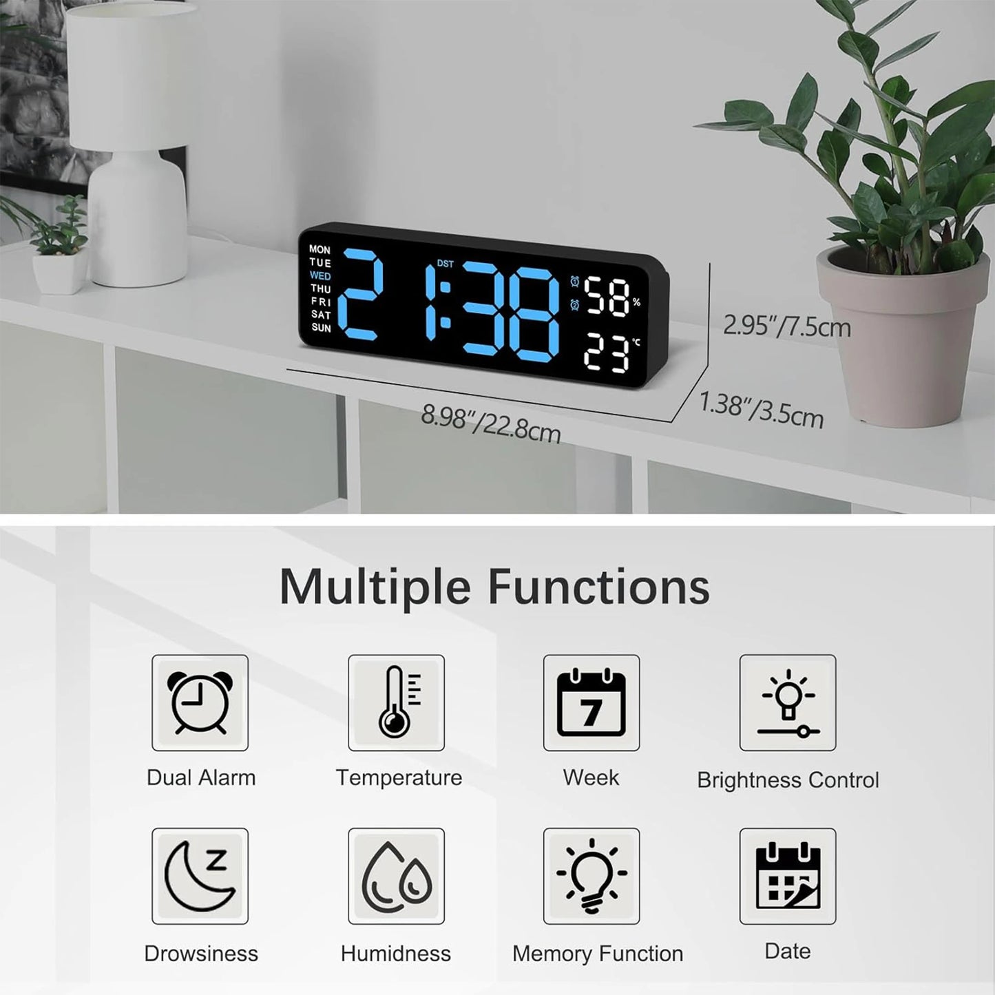 TIMESS 9" Digital Wall Clock with Temperature, Humidity, Weekday Display, LED, Desk or Wall Use