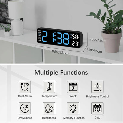 TIMESS 9" Digital Wall Clock with Temperature, Humidity, Weekday Display, LED, Desk or Wall Use